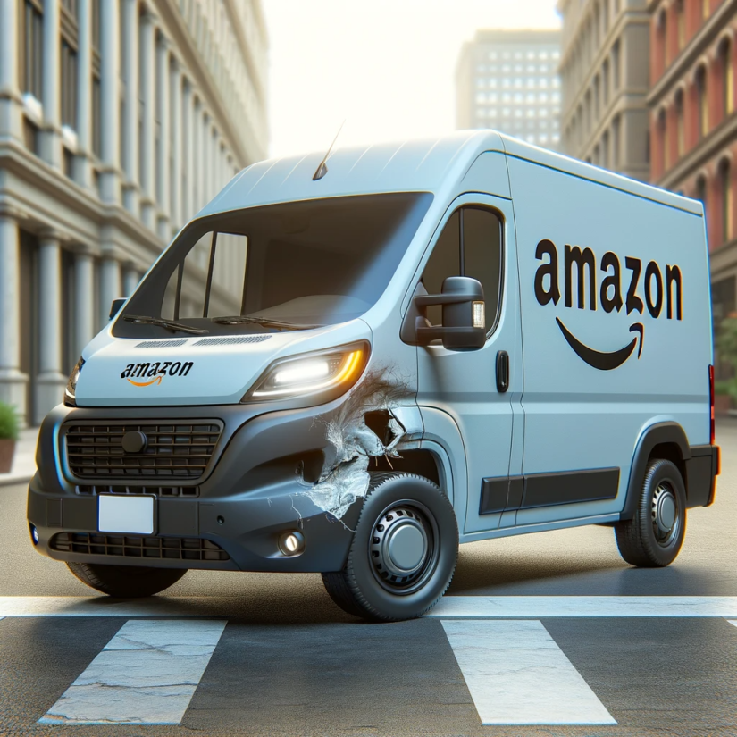 Amazon delivery vehicle involved in car accident. Property damage to delivery vehicle on city street. 