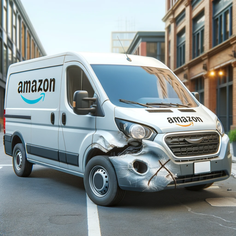 Amazon delivery van accident. Damage to front of van.