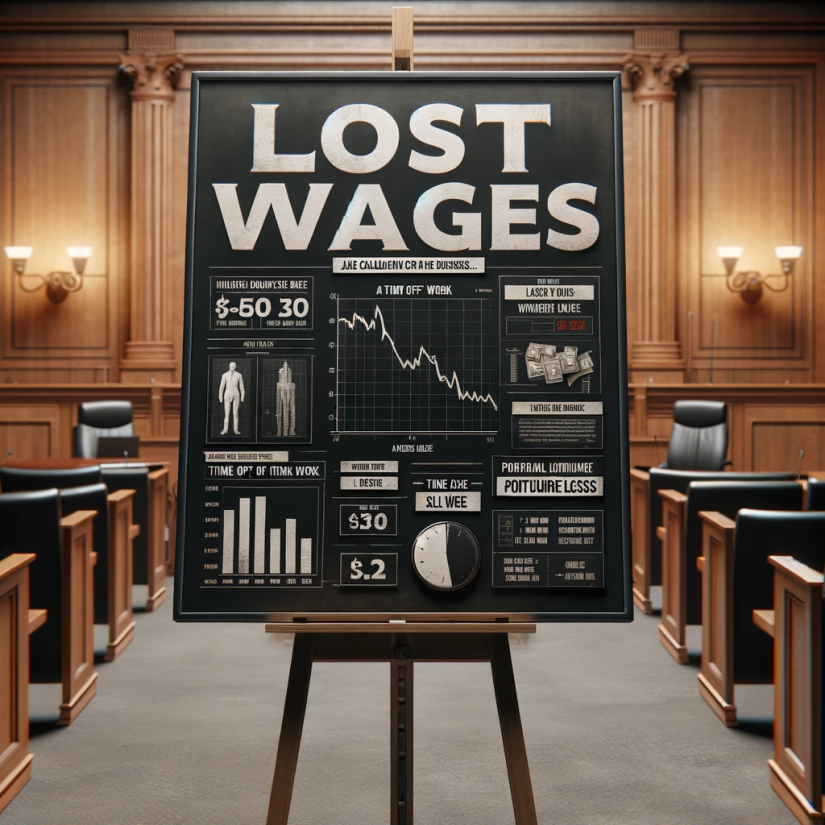 Calculating Lost Wages in courtroom demonstrative aid. Lost wages large text. 