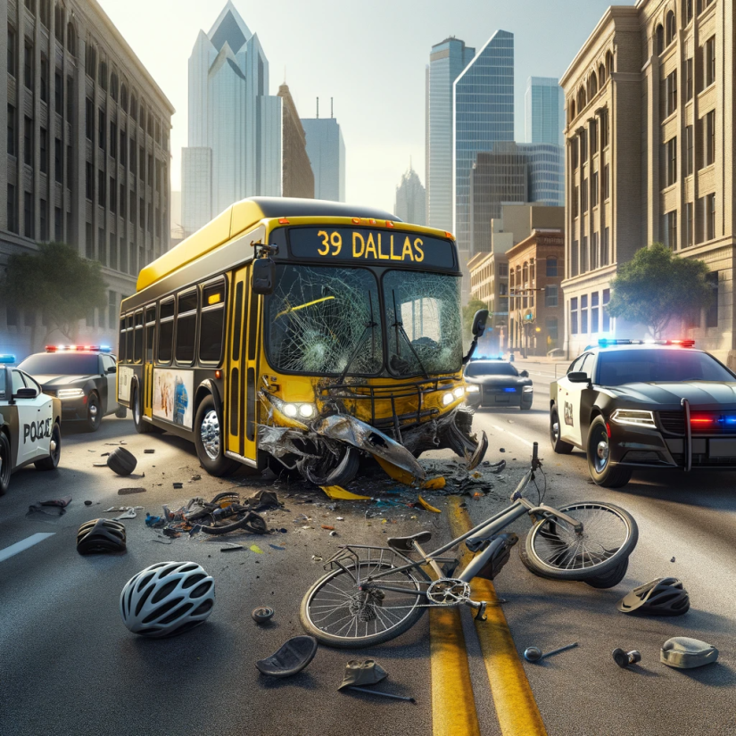 Public bus in Dallas damaged from bus crash involving bicycles in downtown Dallas, with police vehicles at the scene of the crash.