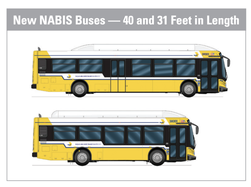 Side view of two DART North American Bus Industries Buses, 40 and 31 feet in length. 