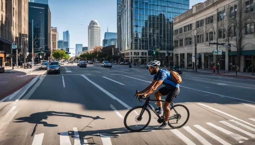 Show a cyclist in Dallas navigating a busy intersection, with cars speeding past and a clear lack of bike lanes or safety measures. The cyclist looks worried and vulnerable, highlighting the dangers of cycling in the city. 