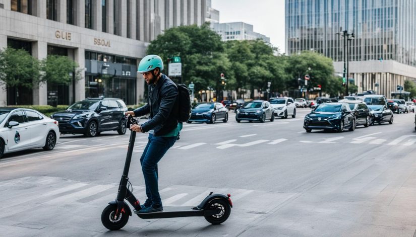 Dallas man on e-scooter in downtown traffic.