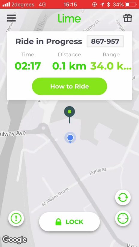 Screenshot of Lime App Ride in Progress Trip Data