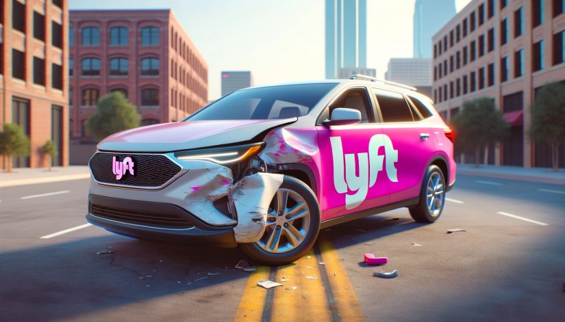 Pink Lyft car damaged from car accident on street in Dallas.