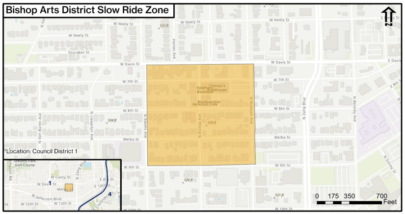 Map of Bishop Arts District Dockless E-Scooter Slow Ride Zone in Dallas.