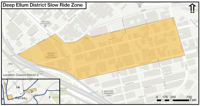 Map of Deep Ellum District Dockless E-Scooter Slow Ride Zone in Dallas.