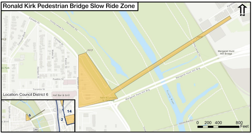 Map of Ronald Kirk Pedestrian Bridge Dockless E-Scooter Slow Ride Zone in Dallas.