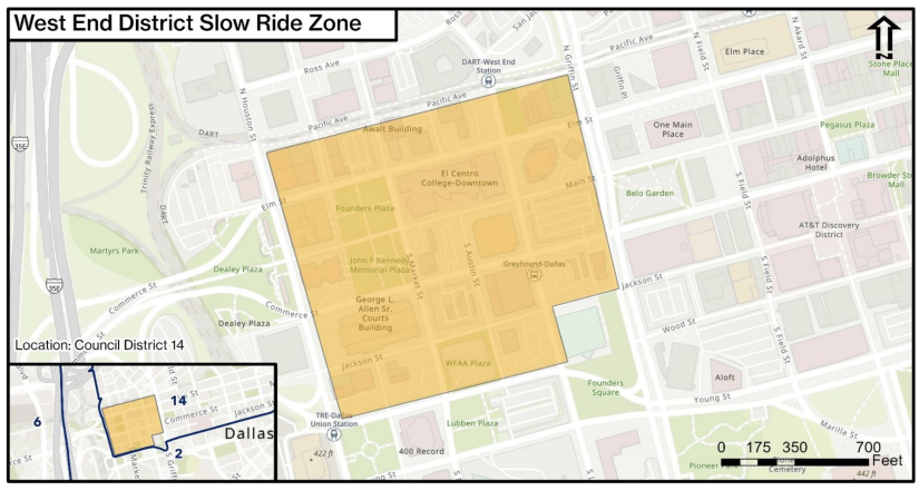 Map of West End District Dockless E-Scooter Slow Ride Zone in Dallas.