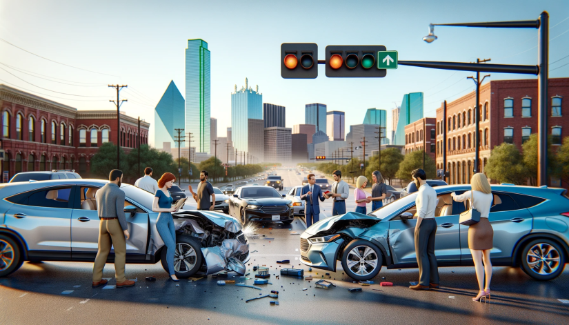 No fault car accident in dallas, texas at intersection with dallas skyline in the background.