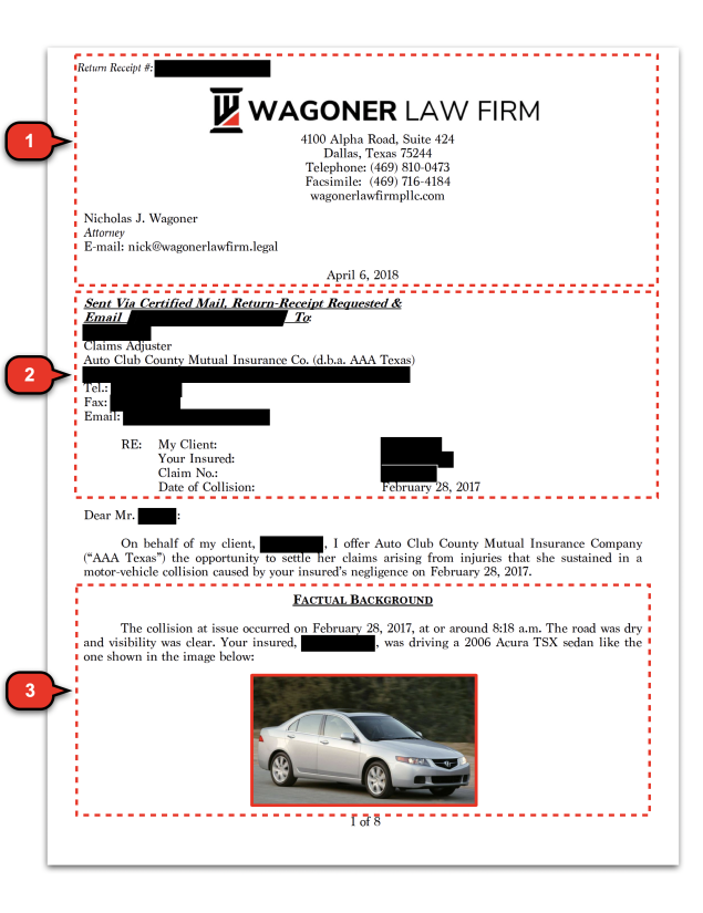Page 1 of Car Accident Demand Letter with Contact Information, Claim Information, & Factual Background Sections.