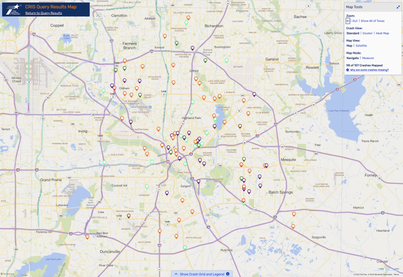 TXDOT Map of Motor Vehicle Collisions involving Bicycles in Dallas in 2023.