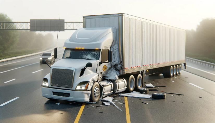 realistic and detailed image of an 18-wheeler truck involved in a minor collision. The truck should have a large trailer.png
