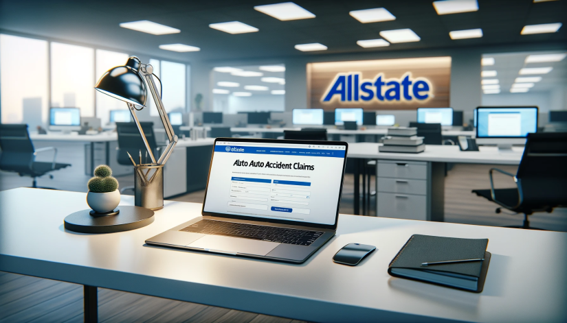Allstate Auto accidents claim webpage on laptop in insurance agency, on desk. 