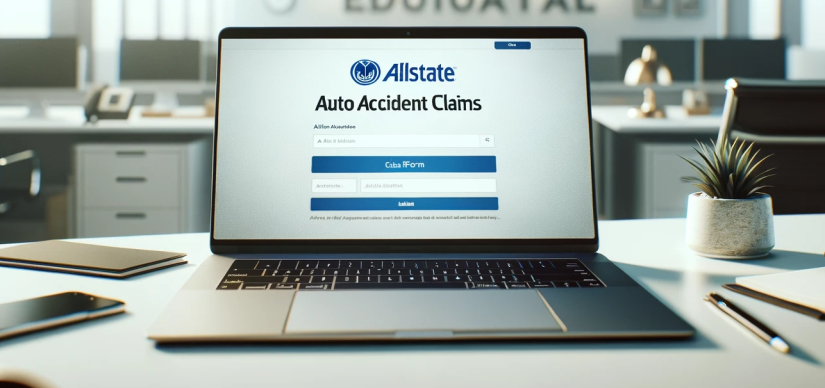 Laptop with website showing Allstate's Auto Accident Claims page on desk in insurance agency. 