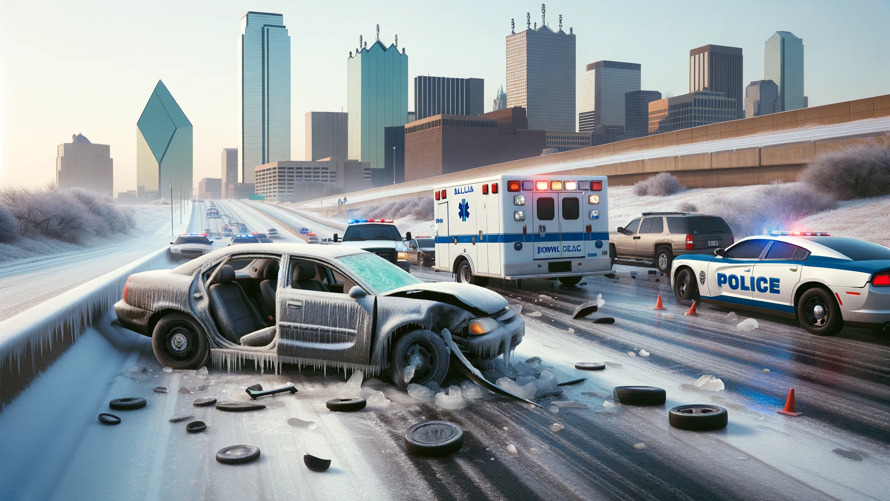 Car wreck near downtown dallas because of icy road.