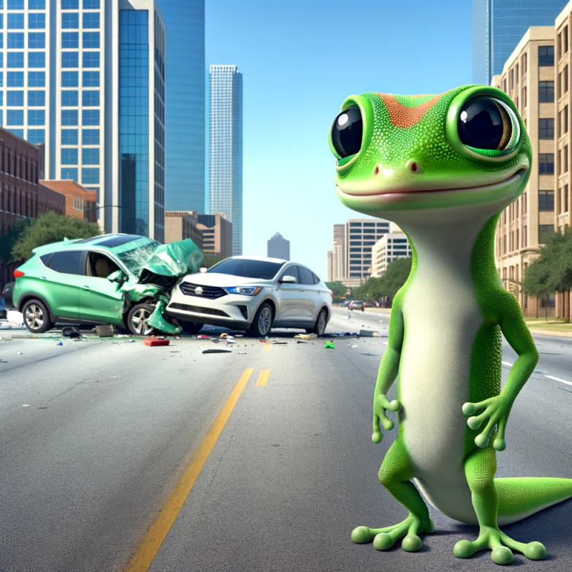 Cartoon gecko on city street looking at car accident.