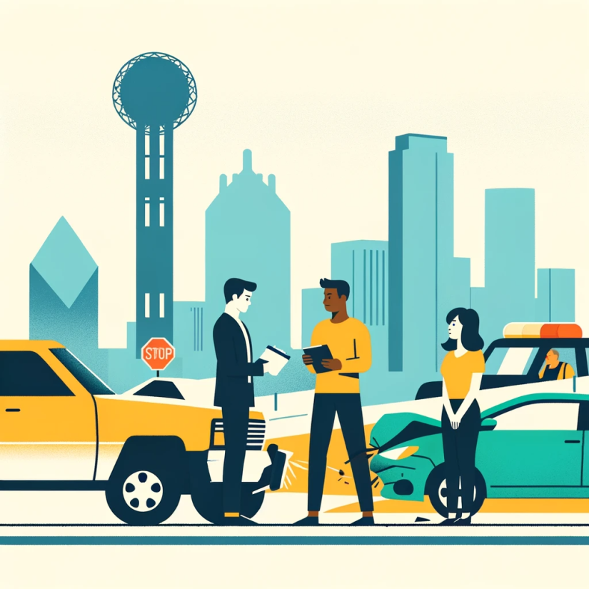 Illustration of Dallas downtown skyline in background. People exchanging information after a Dallas car accident in the foreground.