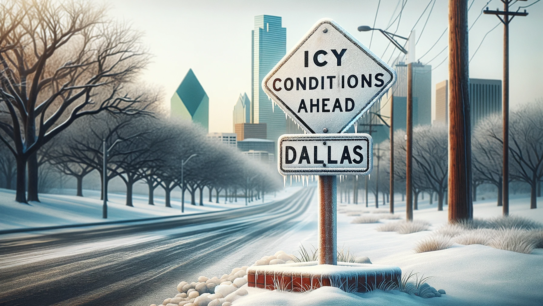 Dallas street sign warning of icy roads.