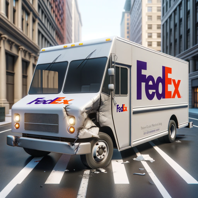 FedEx delivery truck wreck on city street. 