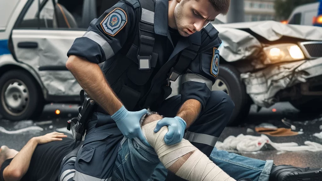 Paramedic wrapping man's leg after car crash. 