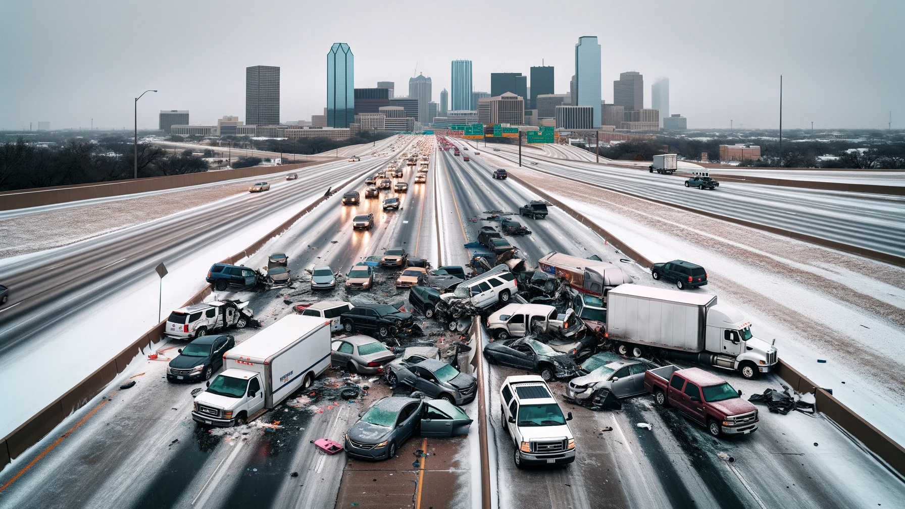 Multiple car pile-up on Fort Worth highway due black ice.