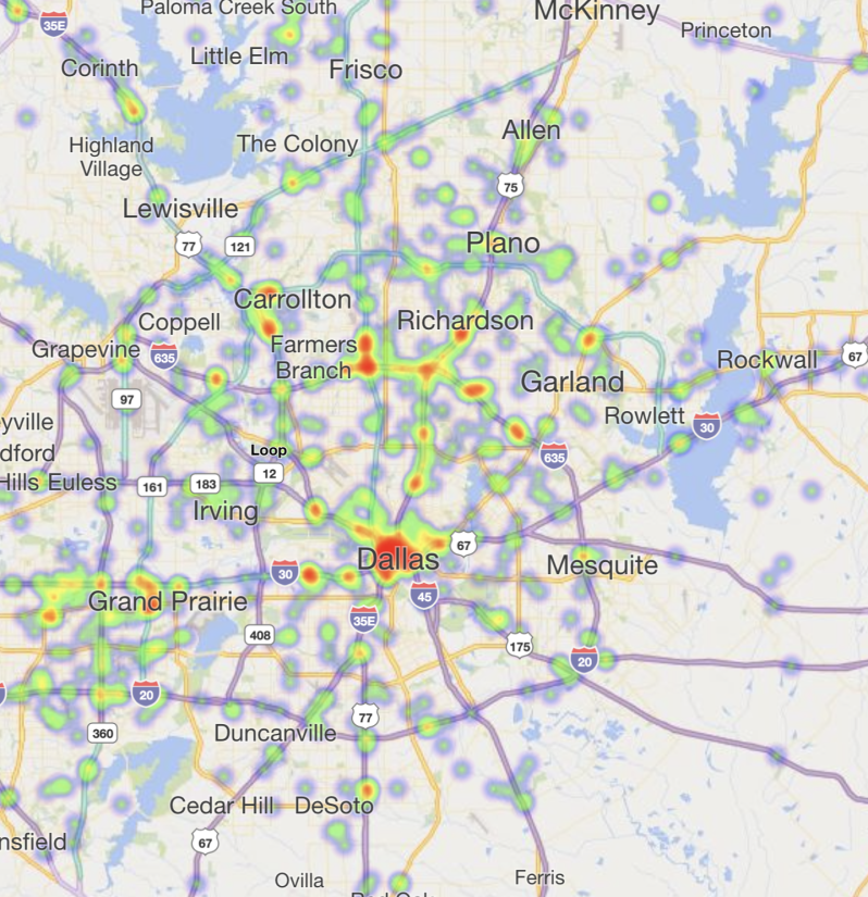 Heat Map of 2023 Car Accidents - Dallas
