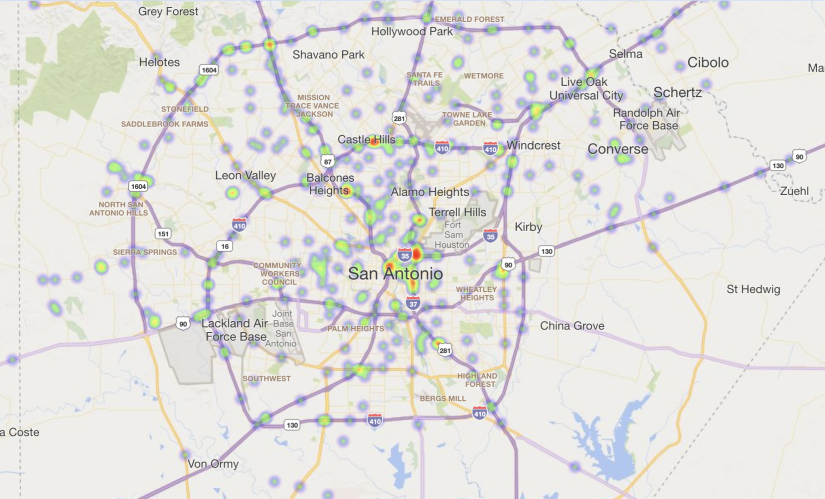 Heat Map of 2023 Car Accidents - San Antonio