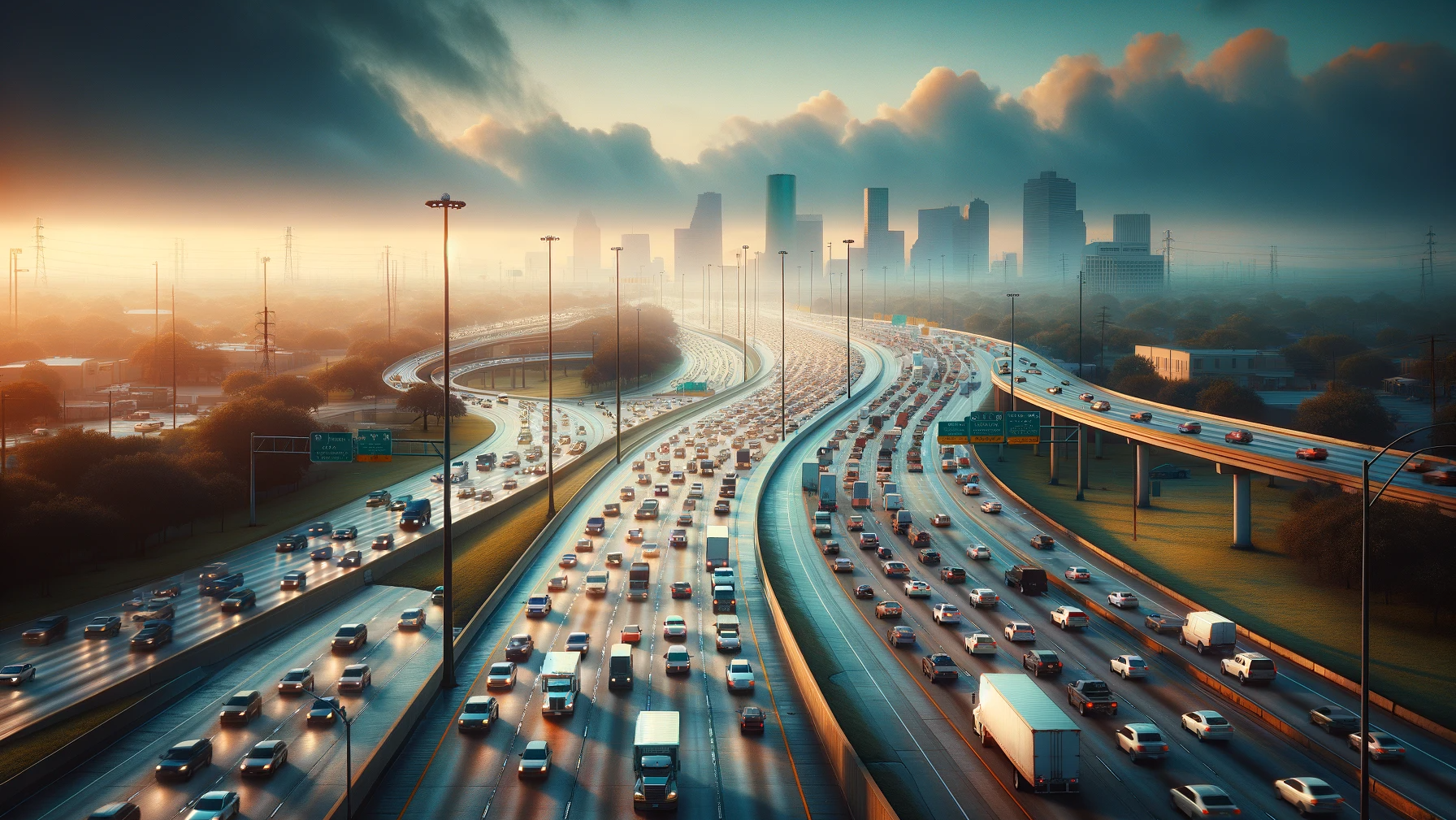 Houston South Gulf Freeway heavy morning rush hour traffic.