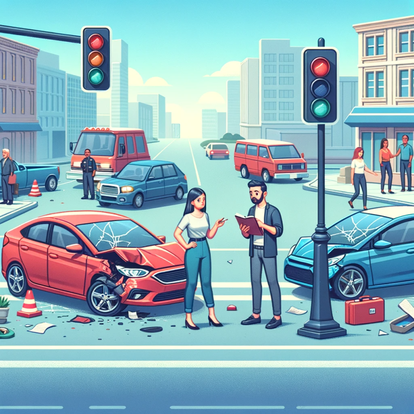 Illustration of people talking at the scene of a car crash.