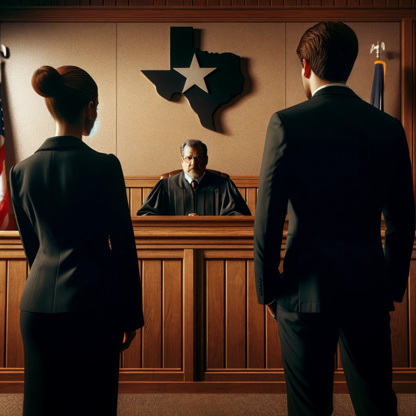 Lawyers arguing to judge in a texas courtroomn.