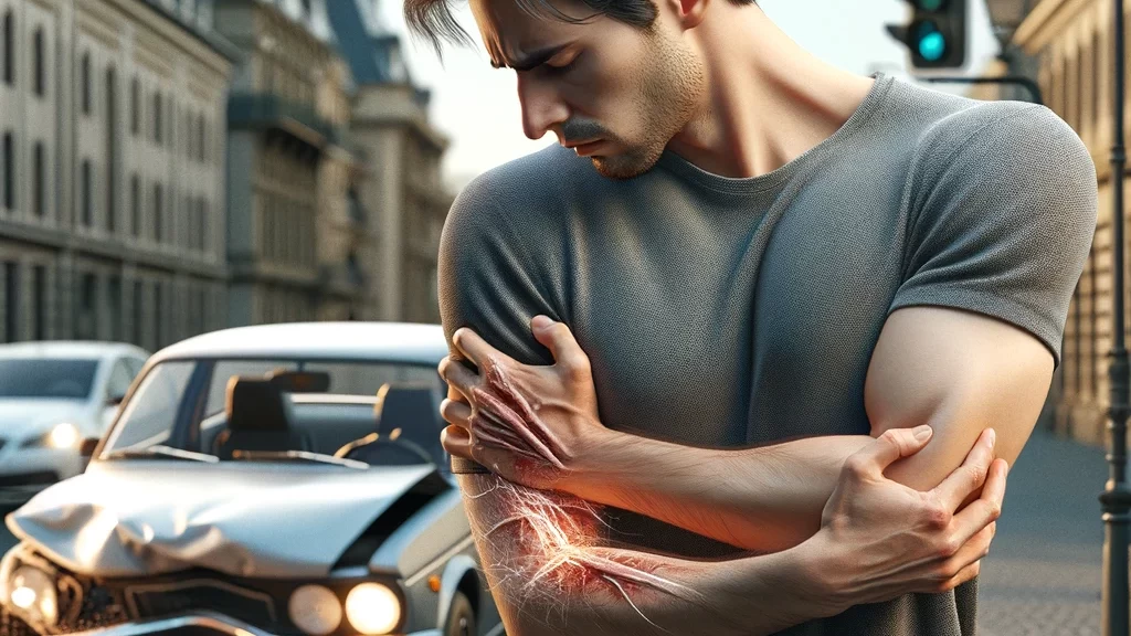 Man holding injured arm in pain with radiating nerve pain.