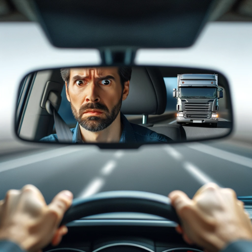Man looking at tailgating truck behind him in rear-view mirror concerned.