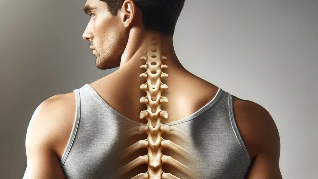 Medical illustration of man's back showing spinal cord.