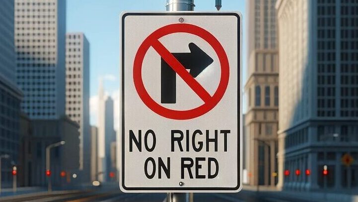 No right on red sign at intersection in city.