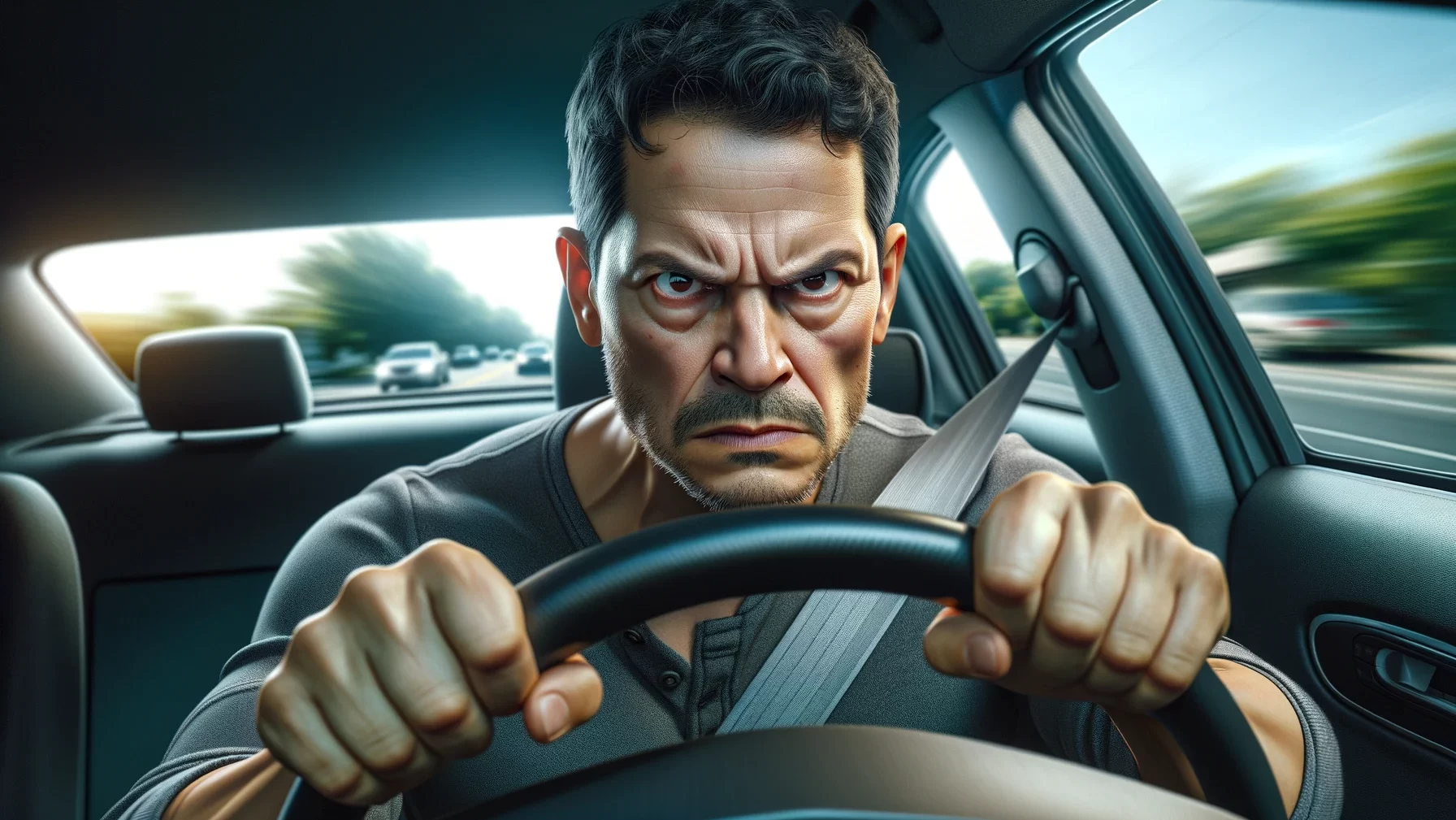 Photo of angry man driving aggressively in traffic just before a car accident.