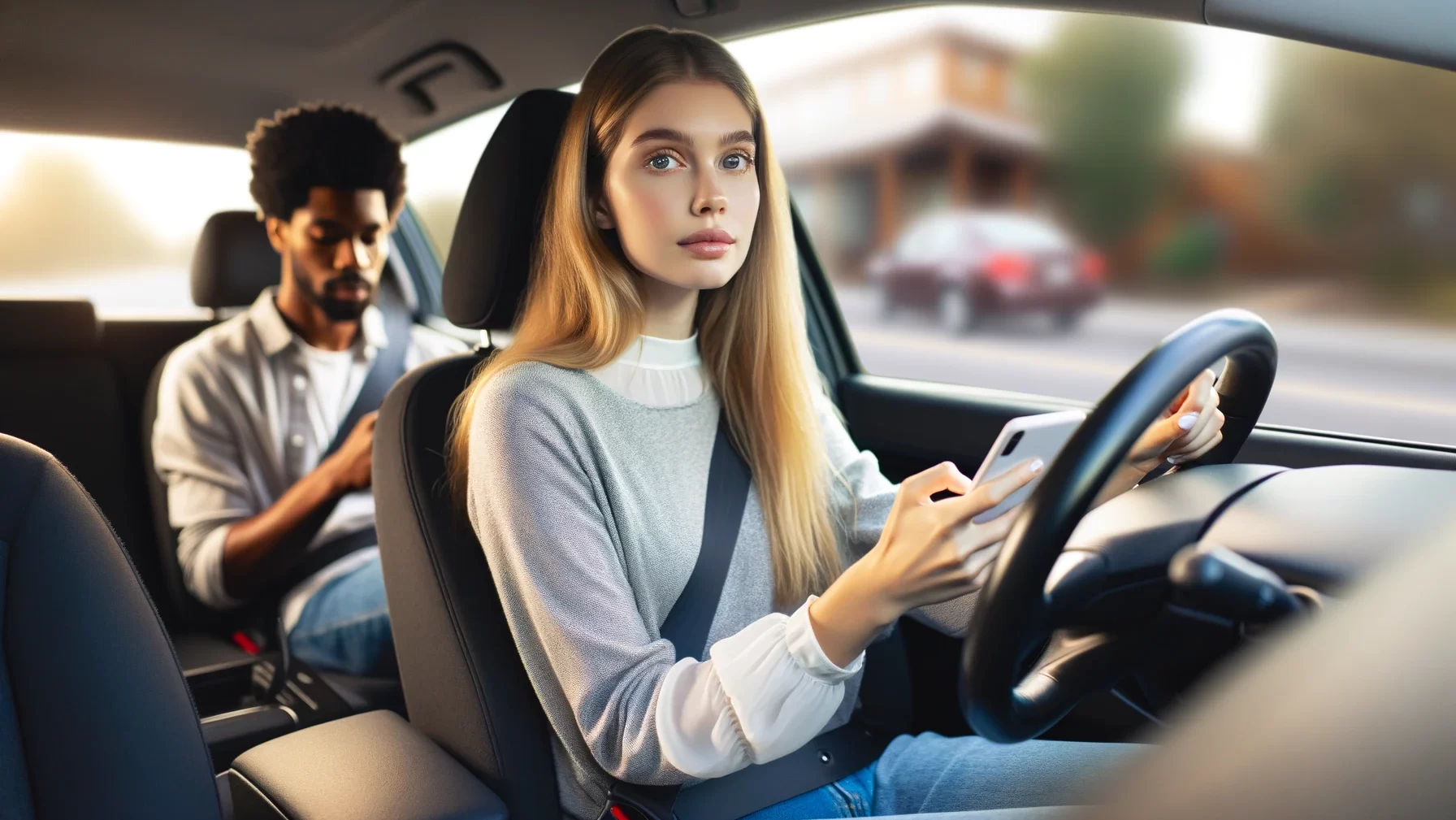 Photo of young woman texting and driving, distracted driving.