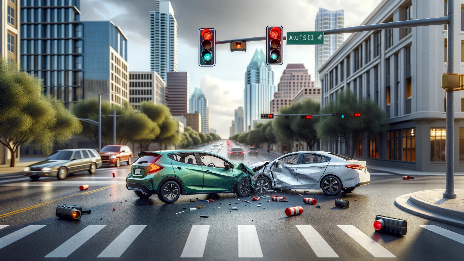 Red light car crash in Austin, Texas.