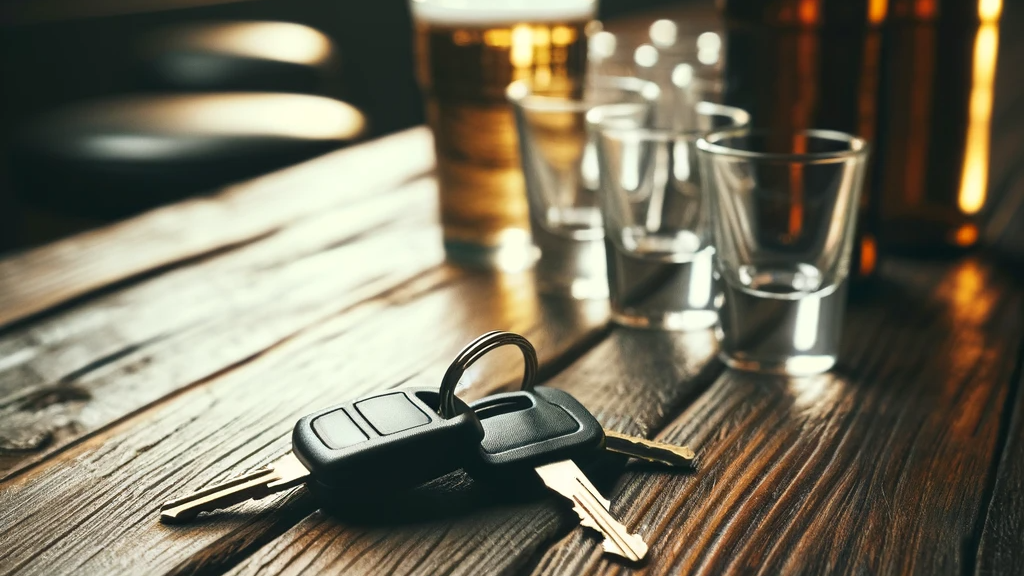Set of car keys on bar table next to empty shot glasses and beer bottles.