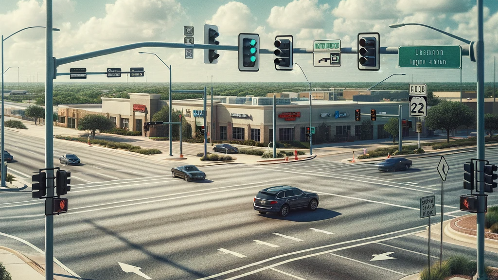 Suburban Texas intersection with shops.