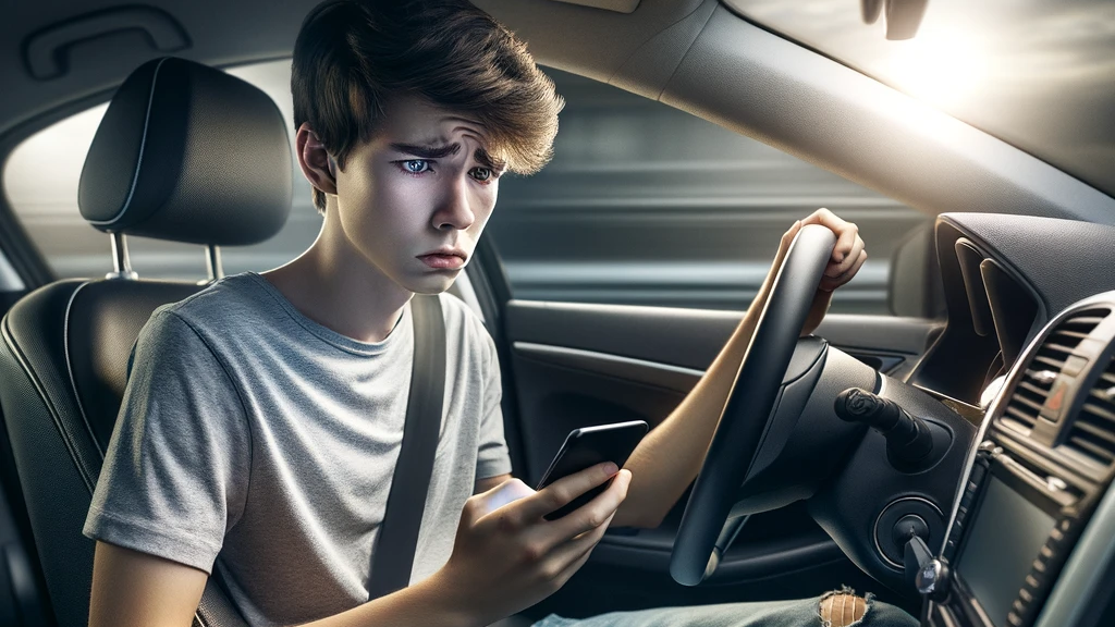 Teenager boy texting while driving distracted. 