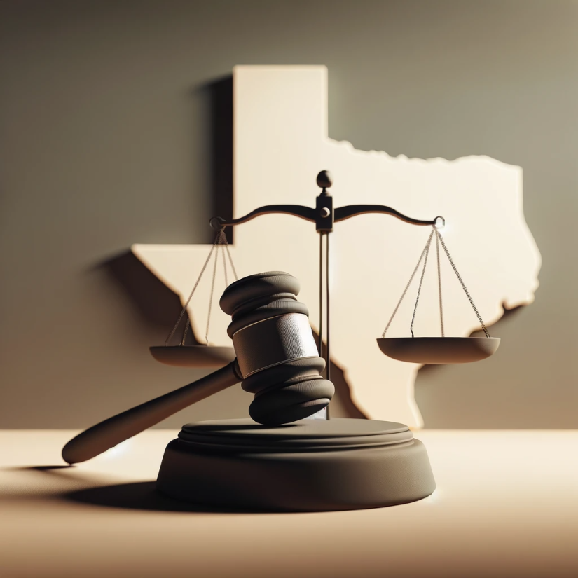 Texas scales of justice and gavel.