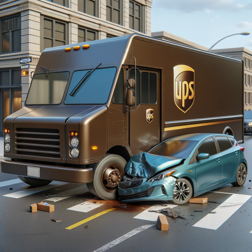 UPS delivery truck crash with small car on city street. 