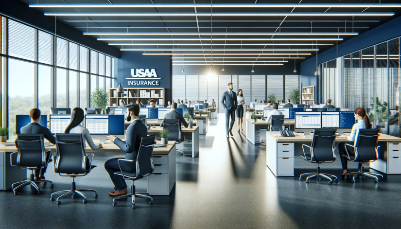 USAA Insurance agency office with claims adjusters working at desks. 