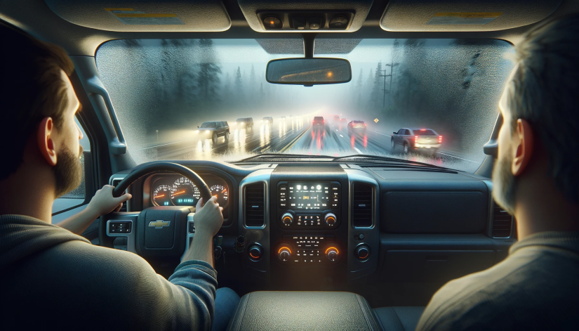 View of driver inside the cabin of a pickup truck on a wet Texas highway in foggy conditions, with the driver's hands on the steering wheel and condensation on the windshield.png