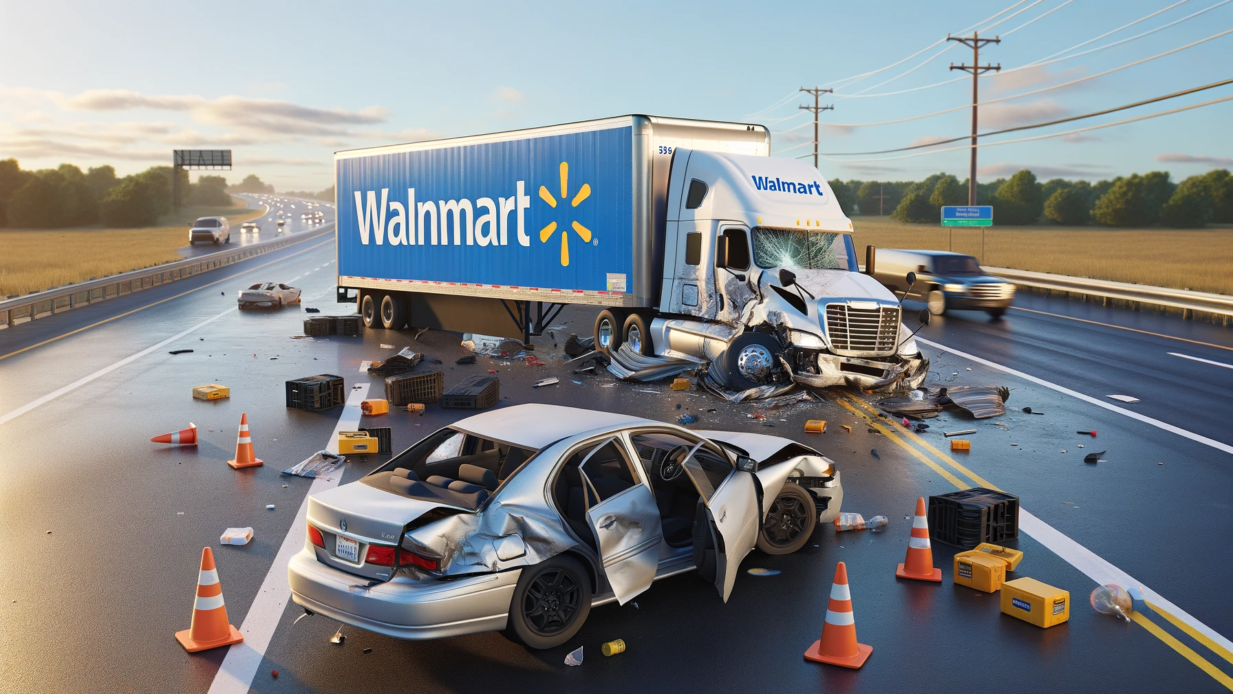 Walmart 18 wheeler accident with car on highway in texas.