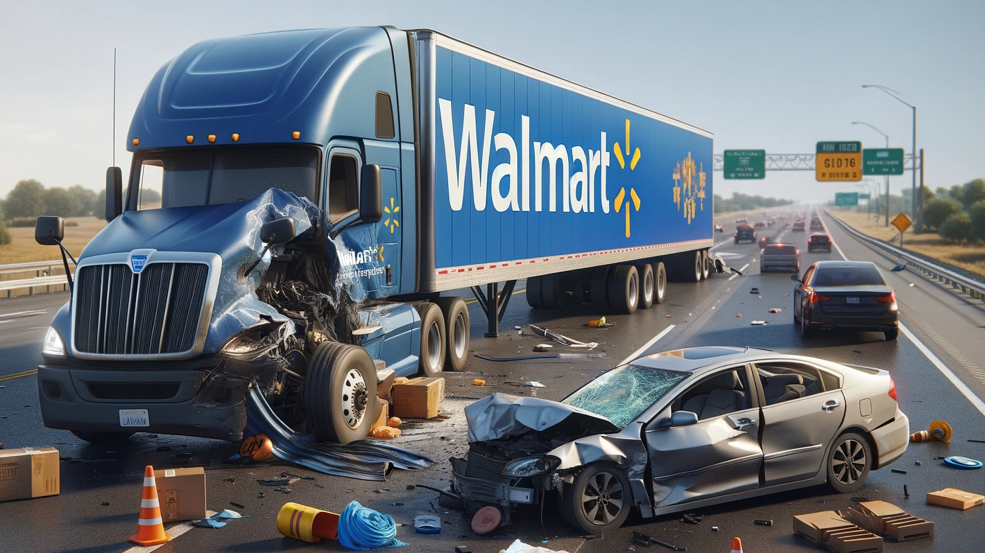 Blue walmart truck wreck with car on texas highway.