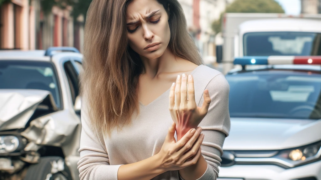 Woman with wrist injury looking at wrist near car accident in pain.