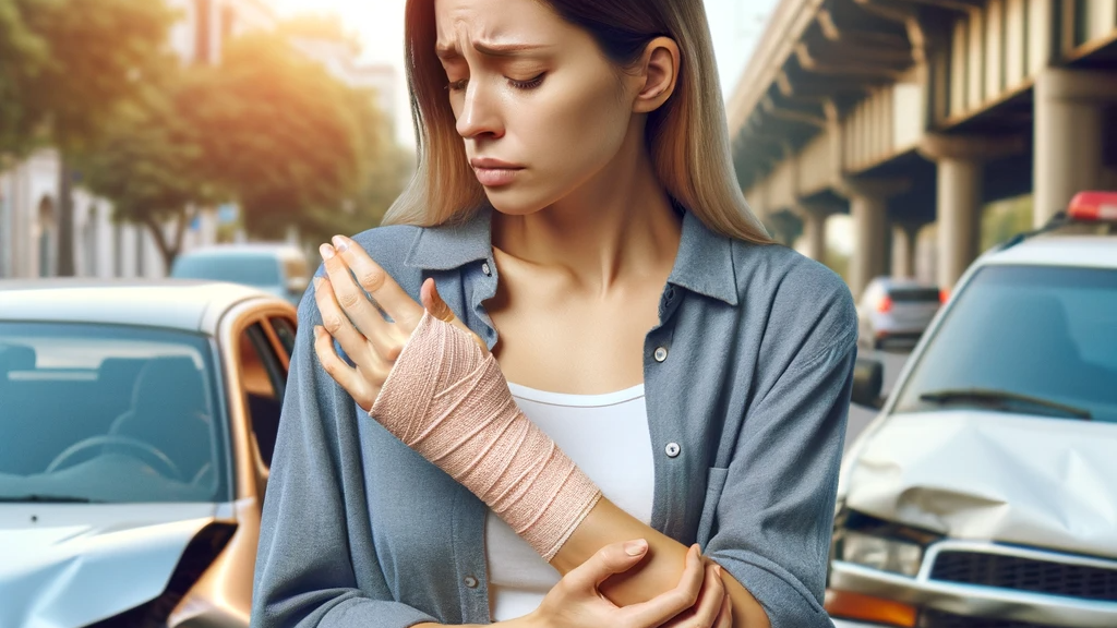 Woman with wrist injury from car accident looking at wrist in pain.