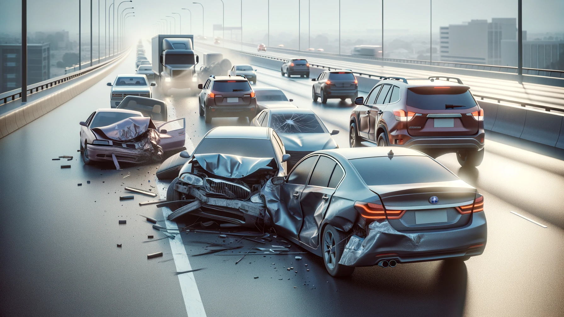 a multiple vehicle rear-end car accident on a highway.